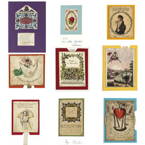 Konvolut von Neun Freundschafts- und Glückwunschkarten.
Deutsch, 19. Jh., Kolorierte Stiche, Prägedruck, versch. Materialien und Größen.