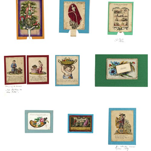 Konvolut von Neun Freundschafts- und Glückwunschkarten.
Deutsch, 19. Jh., Kolorierte Stiche, Prägedruck, versch. Materialien und Größen.