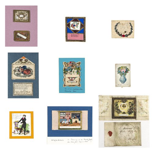 Konvolut von Neun Freundschafts- und Glückwunschkarten.
Deutsch, 19. Jh., Kolorierte Stiche, Prägedruck, versch. Materialien und Größen.