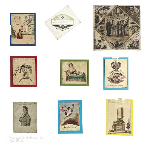 Konvolut von Freundschafts- und Glückwunschkarten.
Deutsch, 19. Jh., Kolorierte Stiche, Prägedruck, versch. Materialien und Größen.