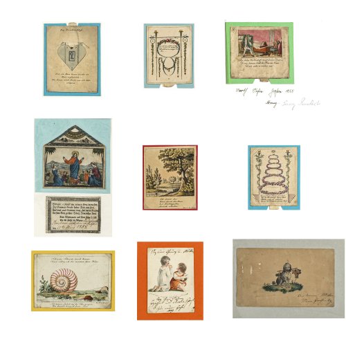 Konvolut von Neun Freundschafts- und Glückwunschkarten.
Deutsch, 19. Jh., Kolorierte Stiche, Prägedruck, versch. Materialien und Größen.