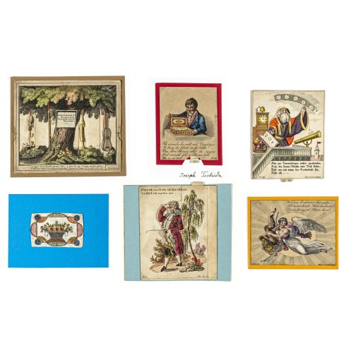 Konvolut von Sechs Freundschafts- und Glückwunschkarten.
Deutsch, 19. Jh., Kolorierte Stiche, Prägedruck, versch. Materialien und Größen.