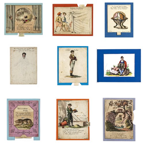 Konvolut von Freundschafts- und Glückwunschkarten.
Deutsch, 19. Jh., Kolorierte Stiche, Prägedruck, versch. Materialien und Größen.