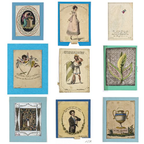 Konvolut von Neun Freundschafts- und Glückwunschkarten.
Deutsch, 19. Jh., Kolorierte Stiche, Prägedruck, versch. Materialien und Größen.