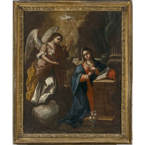 Italien, um 1700. Verkündigungsszene. Öl/Lw. 128 x 100,5 cm. Doubl., rest. unsign.