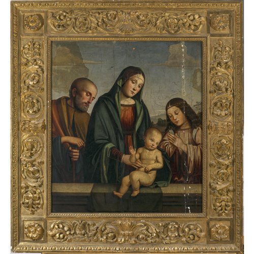 Francia, Francesco, Nachfolge. Madonna mit dem Jesuskind und zwei Heiligen (Sacra Conversazione). 82 x 72 cm. Öl/Holz. Riss, besch., rest. Unsign.
