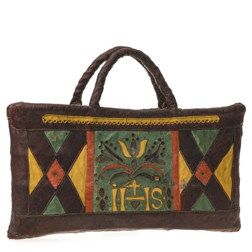 Metzgertasche. Leder, Bastgeflecht, gefärbter Dekor. Leicht besch. L. 48 cm.