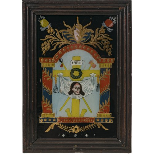 Hinterglasbild. Sandl/Buchers. Arma Christi im Portalrahmen. Farbablösungen. 26 x 17 cm.