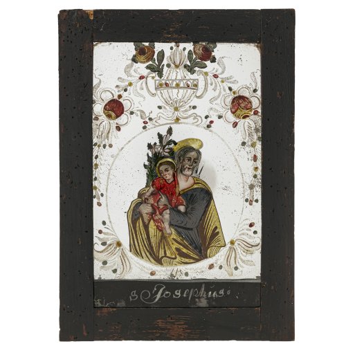Spiegelglasbild. Hl. Josef mit dem Jesuskind. Bayern. 27 x 17 cm. Rahmen besch.