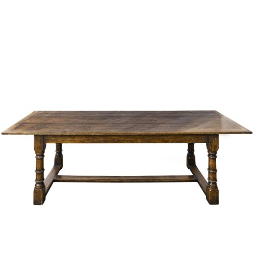 Refektoriumstisch. Eiche. 76,4 x 90 x 243,5 cm. Zwei Verlängerungen je 45 cm.