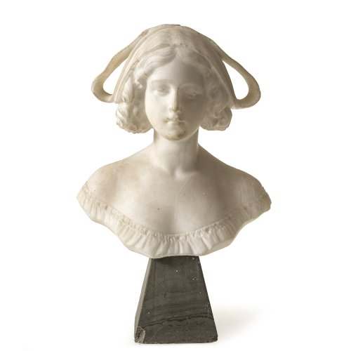 Marmorbüste. Frankreich. Darstellung einer jungen Damen mit einer Haube als Kopfbedeckung. Wohl Marmorguss auf Presssteinsockel. H. insges. ca. 35,5 cm. Best. und besch.