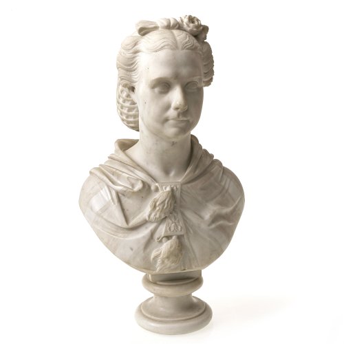 Cugnot, Leo. Frankreich, 1863. Marmorbüste, Darstellung einer jungen Dame mit Carmencita-Netz, auf Sockel. Seitl. sign. 