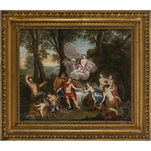 Coypel, Antoine nach. Das Bündnis von Bacchus und Amor. Öl/Lw. 45 x 56 cm.Doubl., rest., unsign.