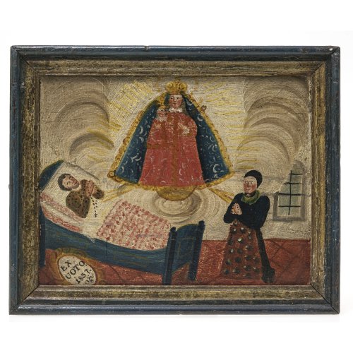 Votivtafel. Bayern, 19. Jh. Ex-Voto. Erkrankter und seine Ehefrau erbitten baldige Genesung bei der Mutter Gottes. Dat. 1837. Öl/Holz. 25,5 x 31,5 cm. Alterungsspuren.