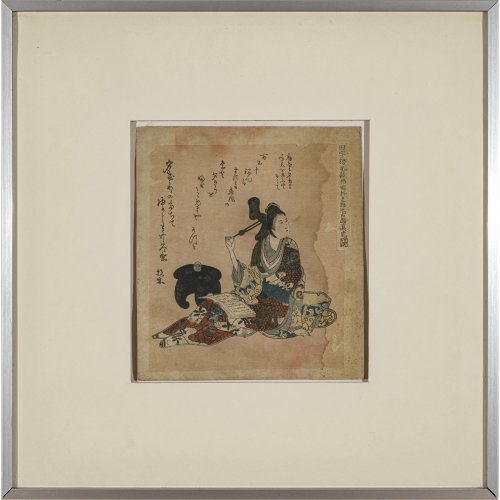 Matora, Oishi, nach. Darstellung der Kurtisane Yugiri. Farbholzschnitt, sogen. Surimono. Ca. 21 x 18,5 cm. Fleckig.