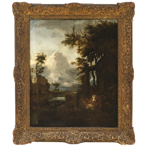 Bergen,  Dirck van. Rastendes Rind vor Ruinenlandschaft. 58 x 48 cm. Öl/Holz. Rest., besch. (kleiner Riss), unsign.