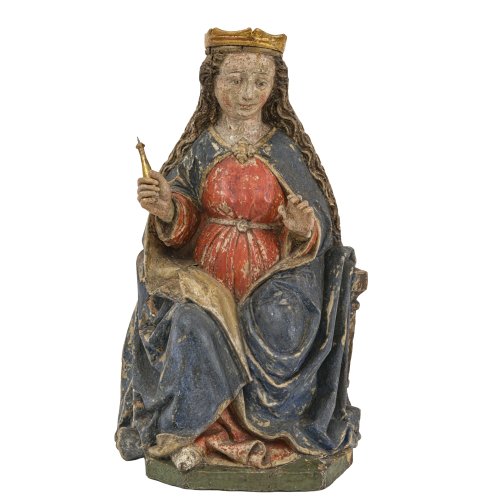 Bayern, 16. /17. Jh. Thronende Muttergottes. Holz, übergangene Farbfassung, rest., rep. H. 61 cm.