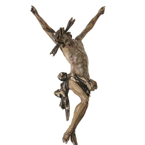 Corpus Christi. Bayern, 18. Jh. Dreinageltypus. Holz, Reste von Fassung.  Best., rep., erg. H. 40 cm.