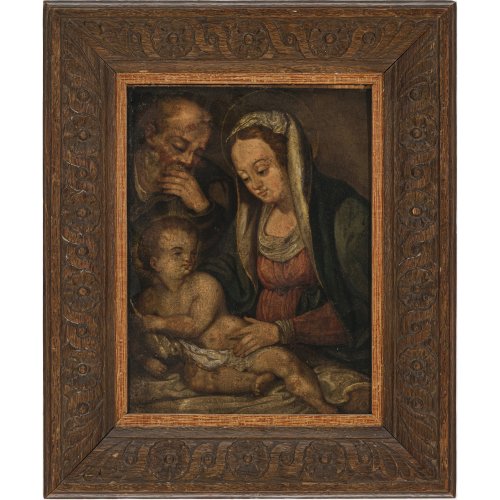 Italien, 1. H. 18. Jh. Heilige Familie. Öl/Kupfer. 21,5 x 16 cm. Rest., Alterungsspuren.