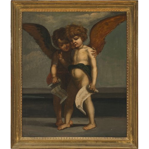 Italien, 18. Jh. Zwei Engel mit Schriftrollen. Öl/Leinwand. 55 x 46 cm. Stark rest.