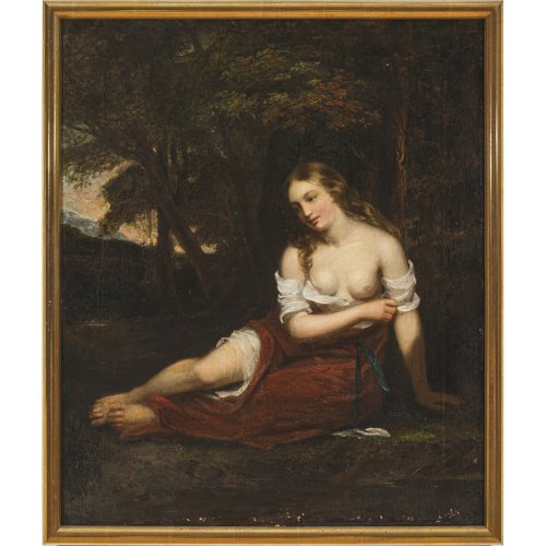 England, wohl Mitte des 19. Jh. Darstellung einer Nymphe auf einer Lichtung im Walde. Öl/Leinwand, 60 x 51 cm. Rest., Alterungsspuren.