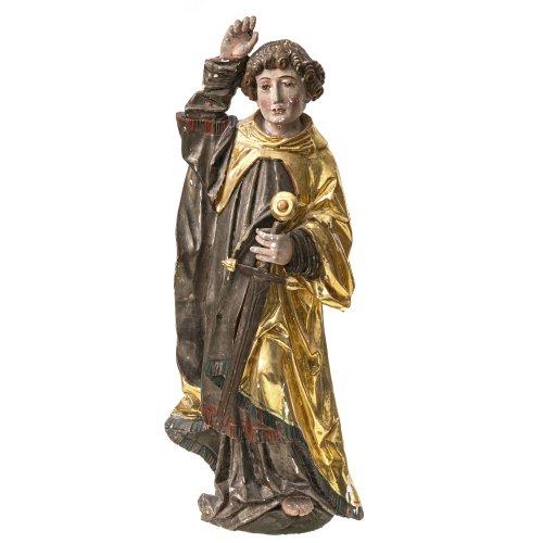 Süddeutsch, 17./18. Jh. Hl. Michael (?). Holz, rücks. gehöhlt, übergangene Farbfassung. Rest., best. H. 85 cm.