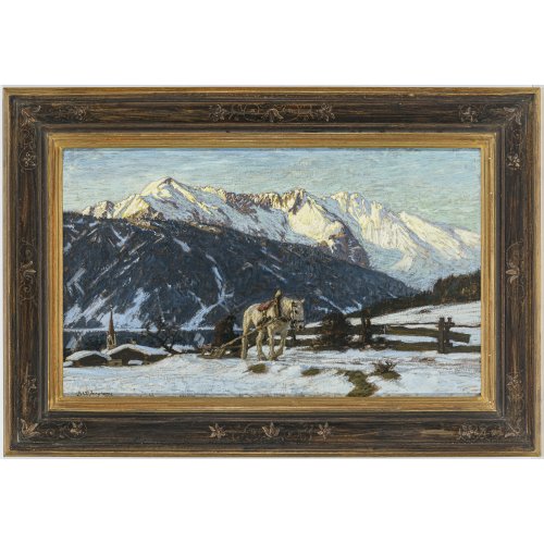Junghanns, Julius Paul. Bauer bei der Feldarbeit. Öl/Holz. 40 x 66,5 cm. Sign.