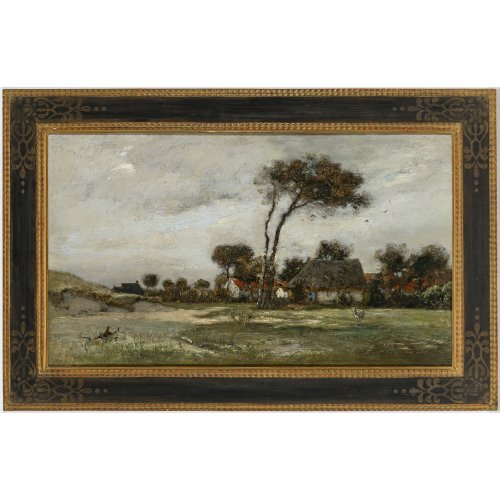 Ribarz, Rudolf. Weite Herbstlandschaft mit Bauernhaus. Öl/Holz. 42,5 x 73 cm. Rest., sign.