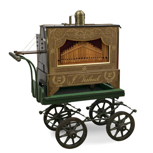 Drehorgel mit Wagen. Belgien. Hersteller J. Verbeeck, Modell A1. mit 35 Pfeifen. 63 x 118 x 45 cm.