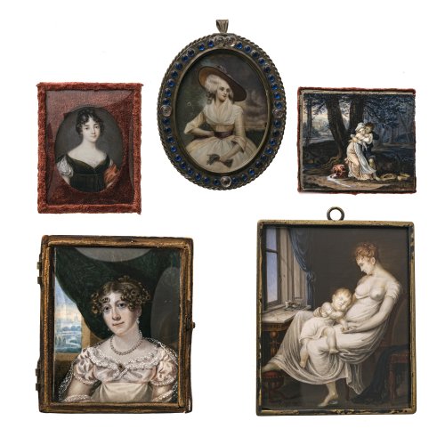 19. Jh. Fünf Miniaturen, Porträts diverser Leute des gehobenen Bürgertums und des Adels. Mischtechnik/Gouache. Diverse Größen H. 6-9,8 cm und B. 4,7-8,4 cm. Alterungsspuren, teilw. Glas best.