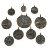 Reidel, Karl. Zehn Medaillonanhänger mit unterschiedlichen profanen und religiösen Darstellungen. Bronze, mit Patina. Größtenteils sign. ø 1,6-5 cm.