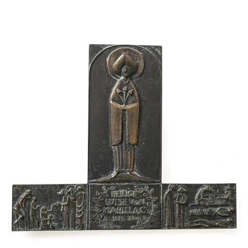 Reidel, Karl. Große Bronzeplakette.  Darstellung der Heiligen Luise von Marillac. Sign. und dat. 84. 19,5 x 23,5 cm. Patina.