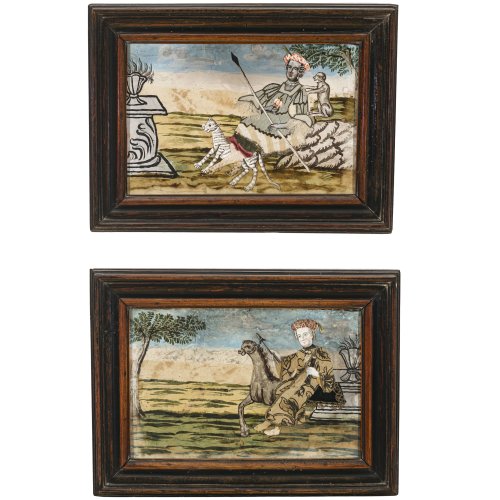 18. Jh. Collagenbilder, Darstellung der Erdteile Afrika und Amerika. Stoff/Papier und Wasserfarbe. Je ca. 21 x 31 cm. Teilw. besch.