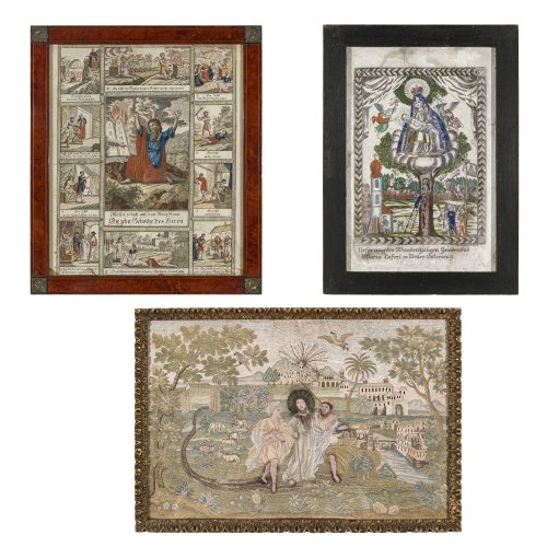 19. Jh. Drei Papierarbeiten: Zwei Kupferstiche und eine Klosterarbeit. Diverse Größen. Besch.