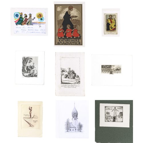 Konvolut von Neun Freundschafts- und Glückwunschkarten.
Deutsch, 19. Jh., Kolorierte Stiche, Prägedruck, versch. Materialien und Größen.