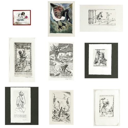 Konvolut von Neun Freundschafts- und Glückwunschkarten.
Deutsch, 19. Jh., Kolorierte Stiche, Prägedruck, versch. Materialien und Größen.