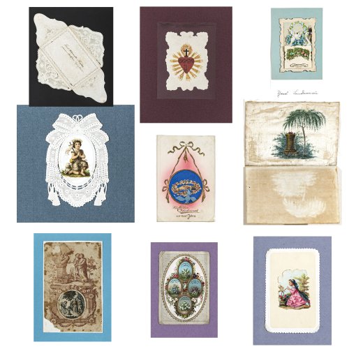 Konvolut von Neun Freundschafts- und Glückwunschkarten.
Deutsch, 19. Jh., Kolorierte Stiche, Prägedruck, versch. Materialien und Größen.