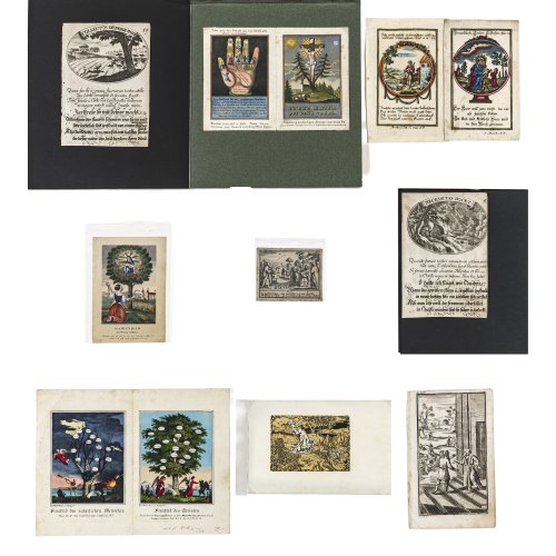 Neun Andachtsbilder
Deutsch, 19. Jh., Kolorierte Stiche und Holzschnitte. Versch. Materialien und Größen.