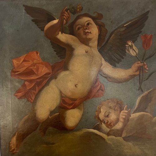 Nothelfer, G., 19. Jh. Zwei Gemälde mit kleinen Putti, die Blumen in ihren Händen halten. Öl/Lw. je ca. 58 x 58 cm.  Rest., sign.