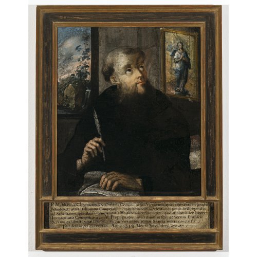 Italien, 17. Jh. Halbfigurenporträt des Beato Matteo Lazzari vor dem Gemälde der Maria Immaculata. Öl/Lw. 69 x 58 cm. Rest., doubl. Unsign.