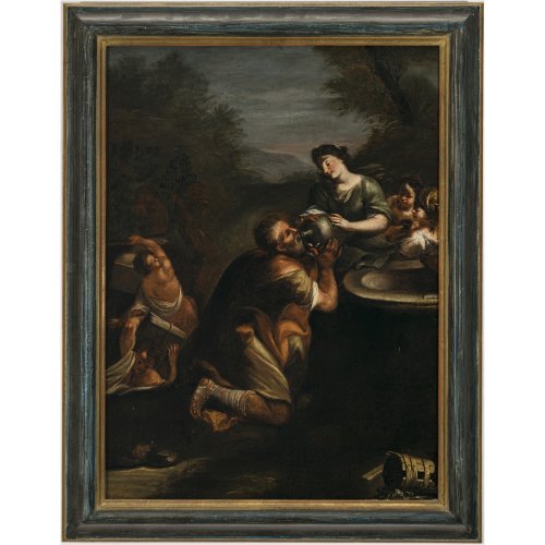 Tirol, 18. Jh. Jakob und Rahel am Brunnen. Öl/Lw. 63 x 46 cm. Rest., doubl.(?). Unsign.