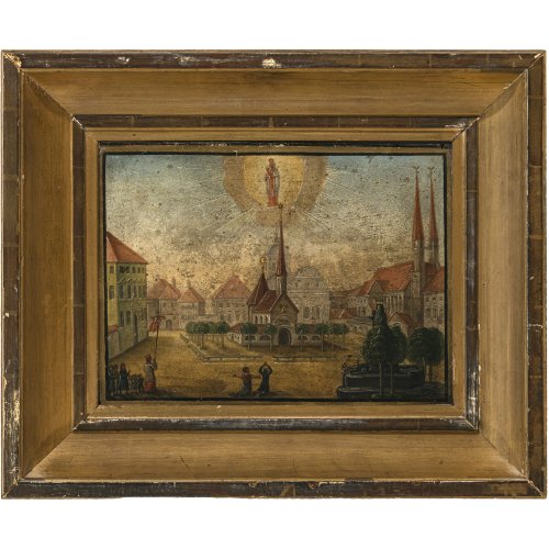 Süddeutsch, 19. Jh. Blick auf den Kapellplatz von Altötting. Öl/Weißmetall. 24 x 32 cm. Min. berieben. Unsign.