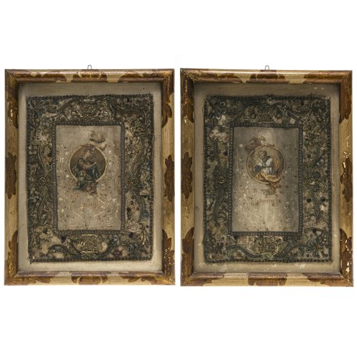 Zwei Klosterarbeiten. Bayern, 18. Jh. Hl. Joseph und Hl. Maria. Je ca. 31 x 24 cm.Berieben.