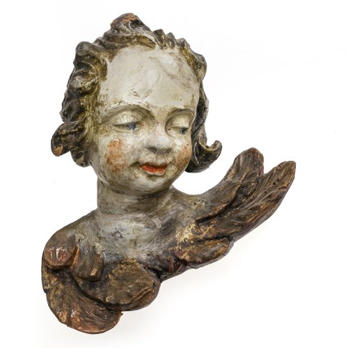 Engelskopf. Holz, übergangene Farbfassung. Besch., rest. H. 16 cm.