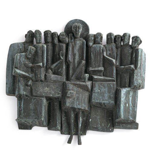 1950er Jahre. Reidel, Karl. Hochrelief aus Bronze, Patina. Darstellung des Letzten Abendmahls. 50 x 55,5 cm. Nicht sign.