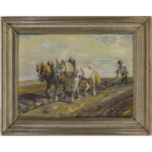 Moeller, Arnold. Pflügender Bauer. ÖL/Karton. 24,5 x 32 cm. Sign.