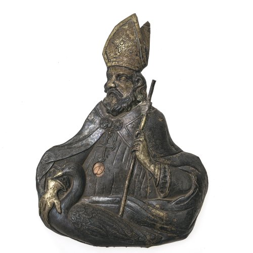 Süddt., 19. Jh. Darstellung des Heiligen Martin mit Gans. Silberblech, getrieben, mit Punzierung. 51 x 37,5 cm. Besch.