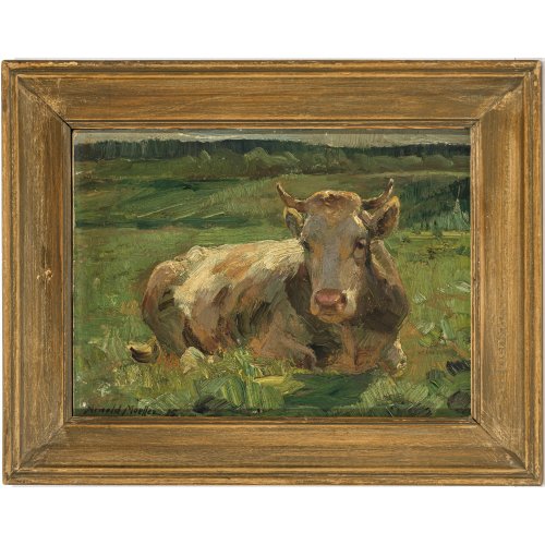 Moeller, Arnold. Liegende Kuh auf einer Sommerwiese. Öl/Karton. 23 x 31,5 cm. Sign.
