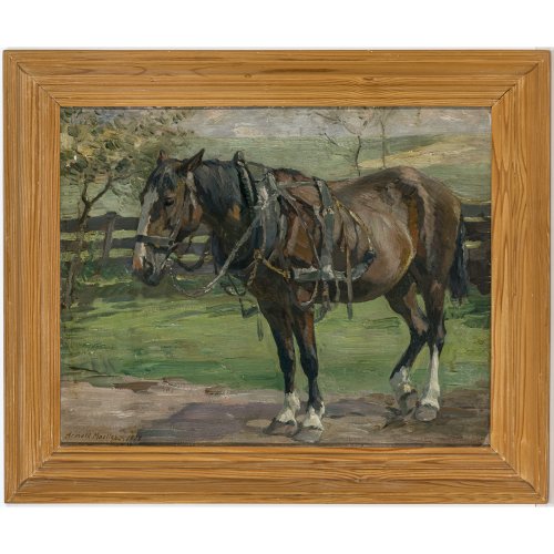 Moeller, Arnold. Stehendes Pferd. Öl/Karton. 42,5 x 53 cm. Sign., dat. 1920