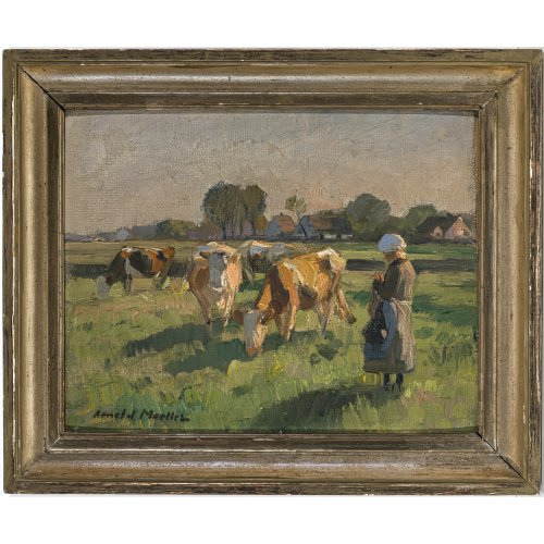 Moeller, Arnold. Bäuerin mit Vieh auf der Weide. Öl/Lw/Karton. 30 x 37 cm. Sign.